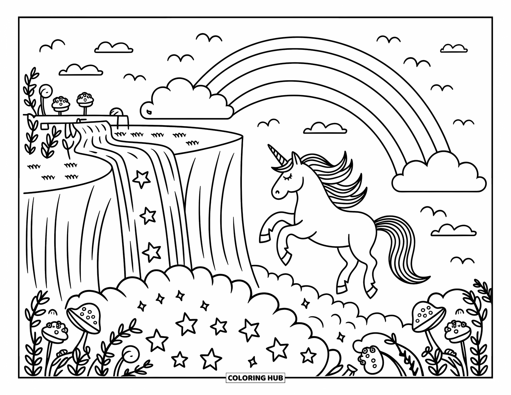 Flying Unicorn Coloring Page for Adults: Unicorn flying over rainbow arcing from a magical cliff waterfall