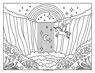 Coloriage de licorne volante pour adultes : Une licorne qui vole devant une cascade au bord d'une falaise avec des étoiles, une lune et un arc-en-ciel