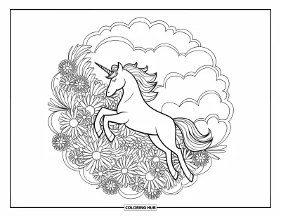 Coloriage de licorne volante pour adultes : Une licorne qui traverse un ciel en mandala rempli de fleurs et d'arcs
