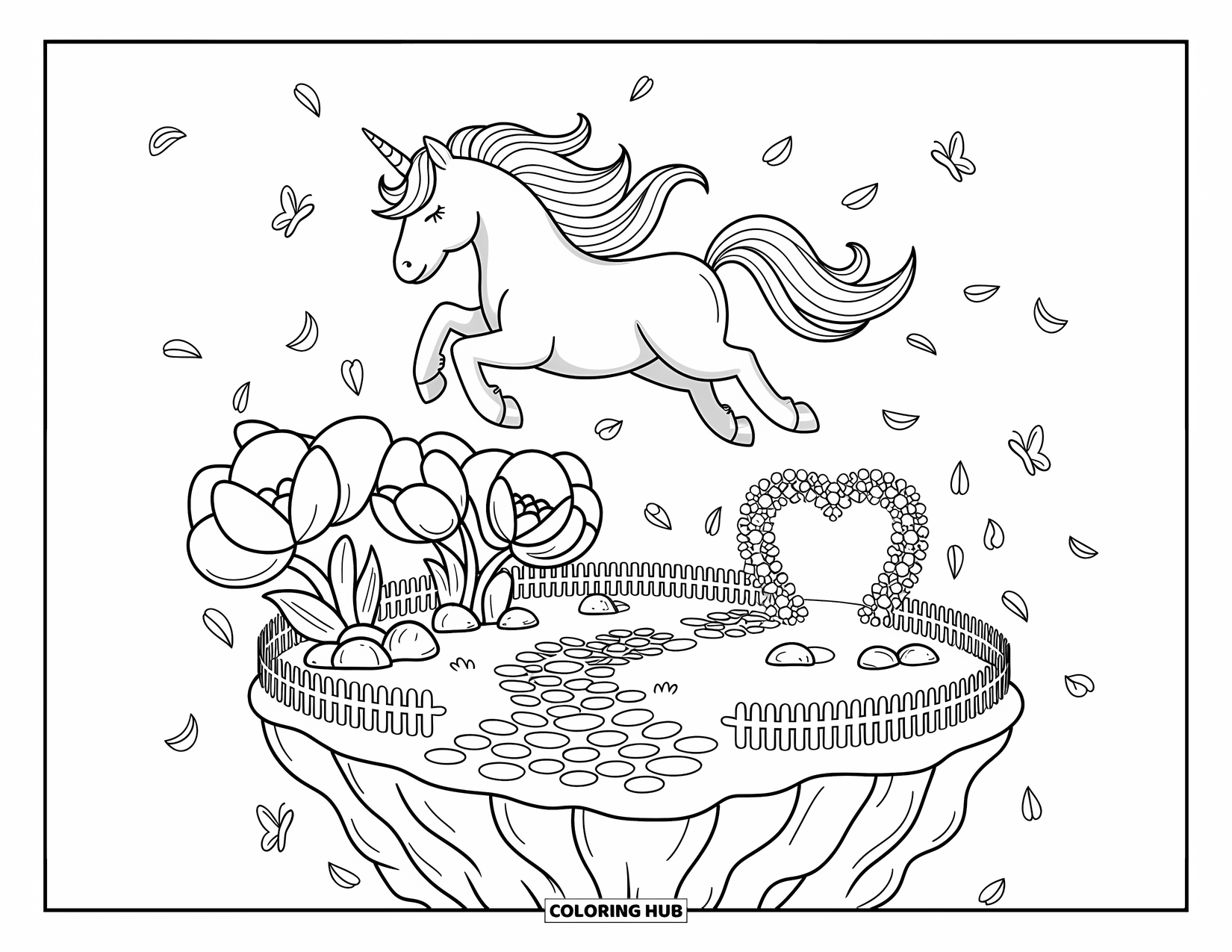 Flying Unicorn Coloring Page for Adults: Unicorn gliding above a floating island garden with flowers and vines
