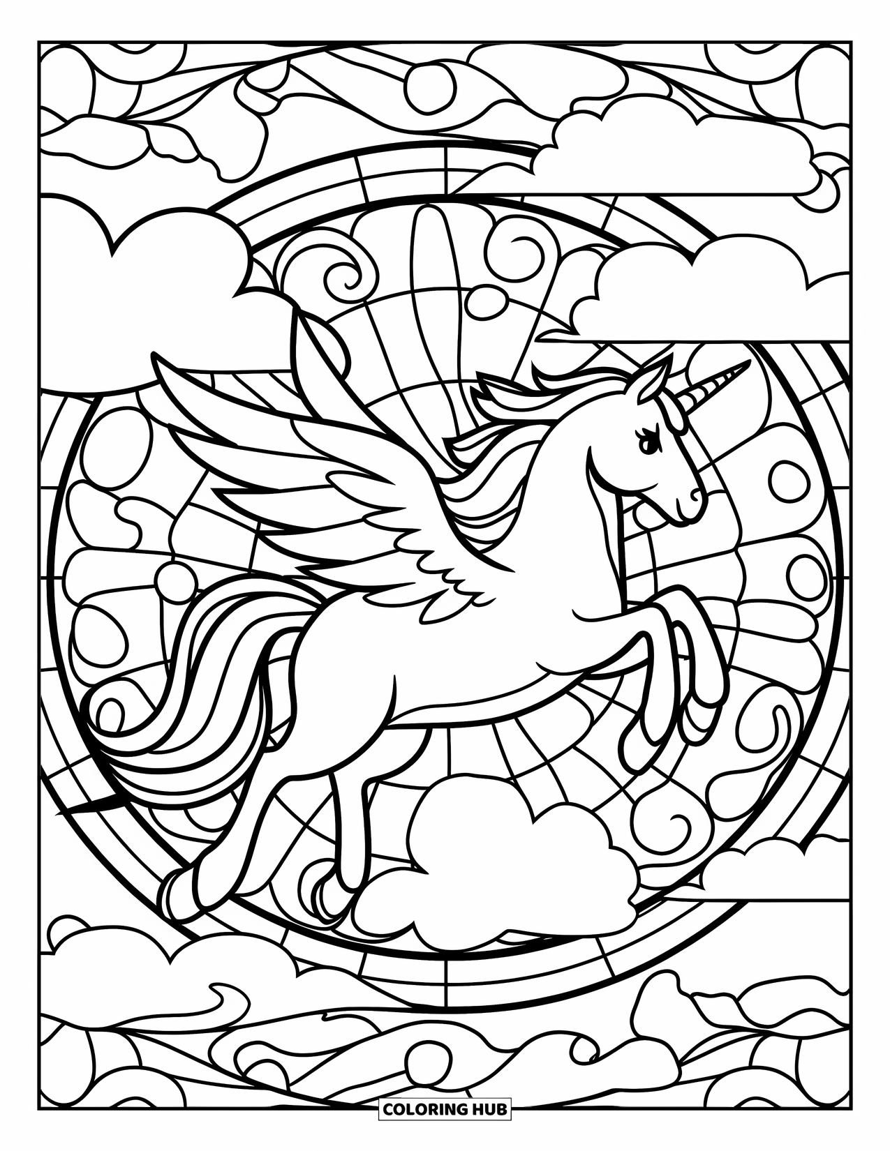 Flying Unicorn Coloring Page for Adults: Unicorn gliding across stained glass filled with swirling clouds