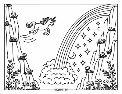 Coloriage de licorne volante pour adultes : Une licorne qui glisse devant une cascade avec des étoiles scintillantes et des croissants de lune