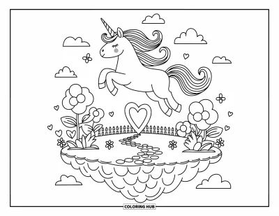 Coloriage de licorne volante pour adultes : Une licorne qui plane au-dessus d'une île flottante avec des papillons et des fleurs