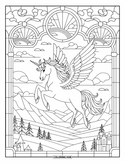 Coloriage de licorne volante pour adultes : Une licorne qui s'élève au-dessus de montagnes encadrées par des ciels en vitraux