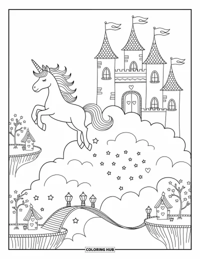 Coloriage de licorne volante pour adultes : Une licorne qui vole près d'un château de rêve perché sur des nuages moelleux