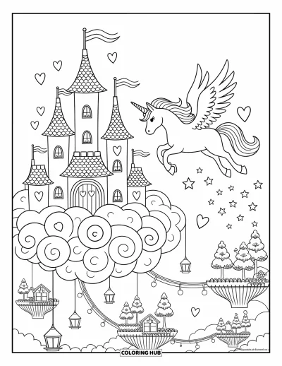 Coloriage de licorne volante pour adultes : Une licorne qui s'envole près d'un château de nuages avec des ponts et des lanternes lumineuses