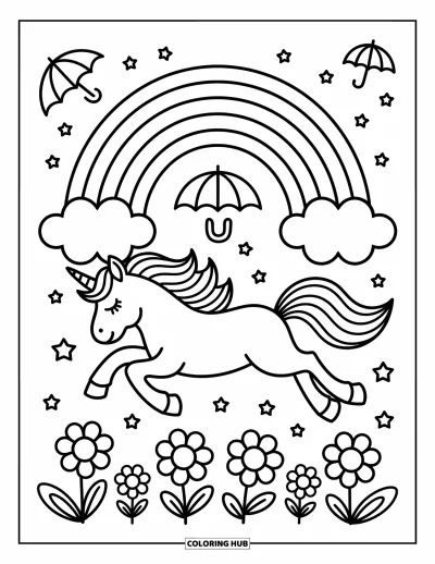 Coloriage de licorne volante pour adultes : Une licorne qui traverse un anneau d'arc-en-ciel avec des fleurs flottantes et des nuages