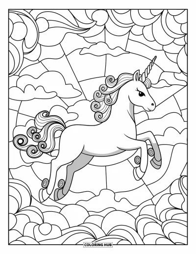 Coloriage de licorne volante pour adultes : Une licorne qui traverse des vitraux remplis de tourbillons et de nuages