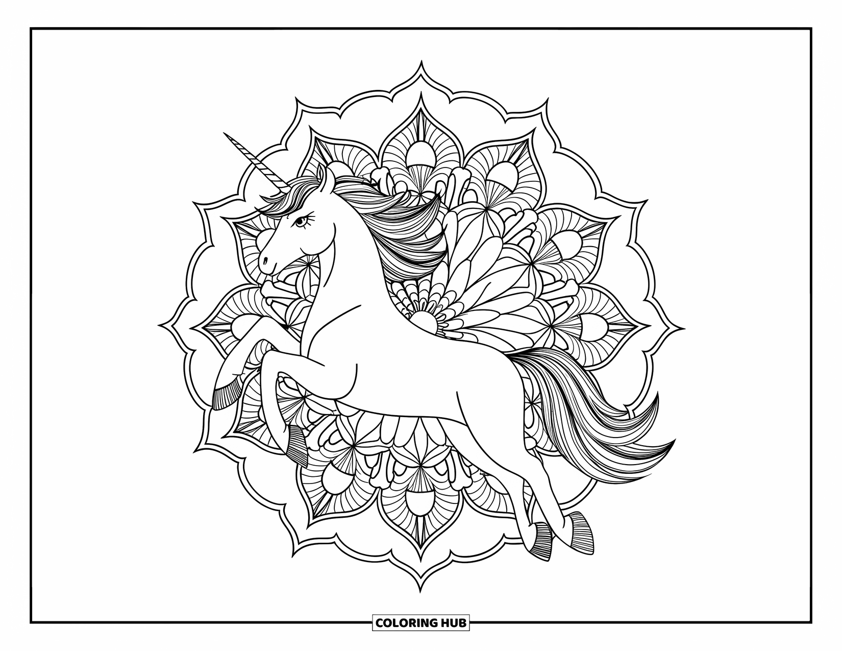 Flying Unicorn Coloring Page for Adults: Unicorn with a floral mane flying before a mandala of wildflowers