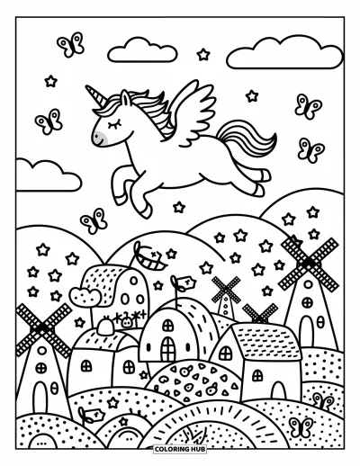 Coloriage de licorne volante pour adultes : Une licorne aux ailes déployées qui s'envole au-dessus des toits et des arbres d'un village