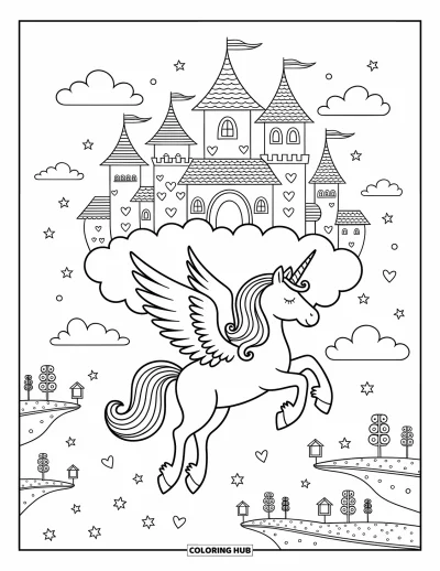 Coloriage de licorne volante pour adultes : Une licorne ailée qui sème des étoiles et des cœurs près d'un château