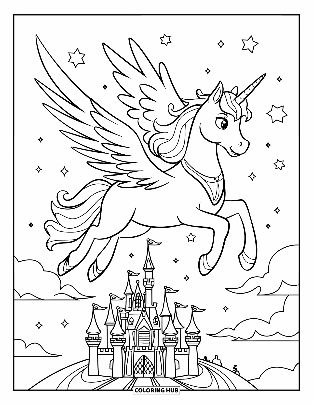 Flying Unicorn Coloring Page for Kids: Collared unicorn flying above floating castle with sparkles