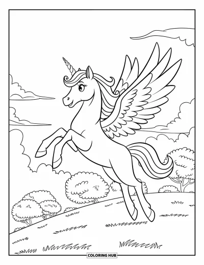 Coloriage de licorne volante pour enfants : Une licorne couronnée qui vole au-dessus d'une colline avec des arbres et des nuages duveteux