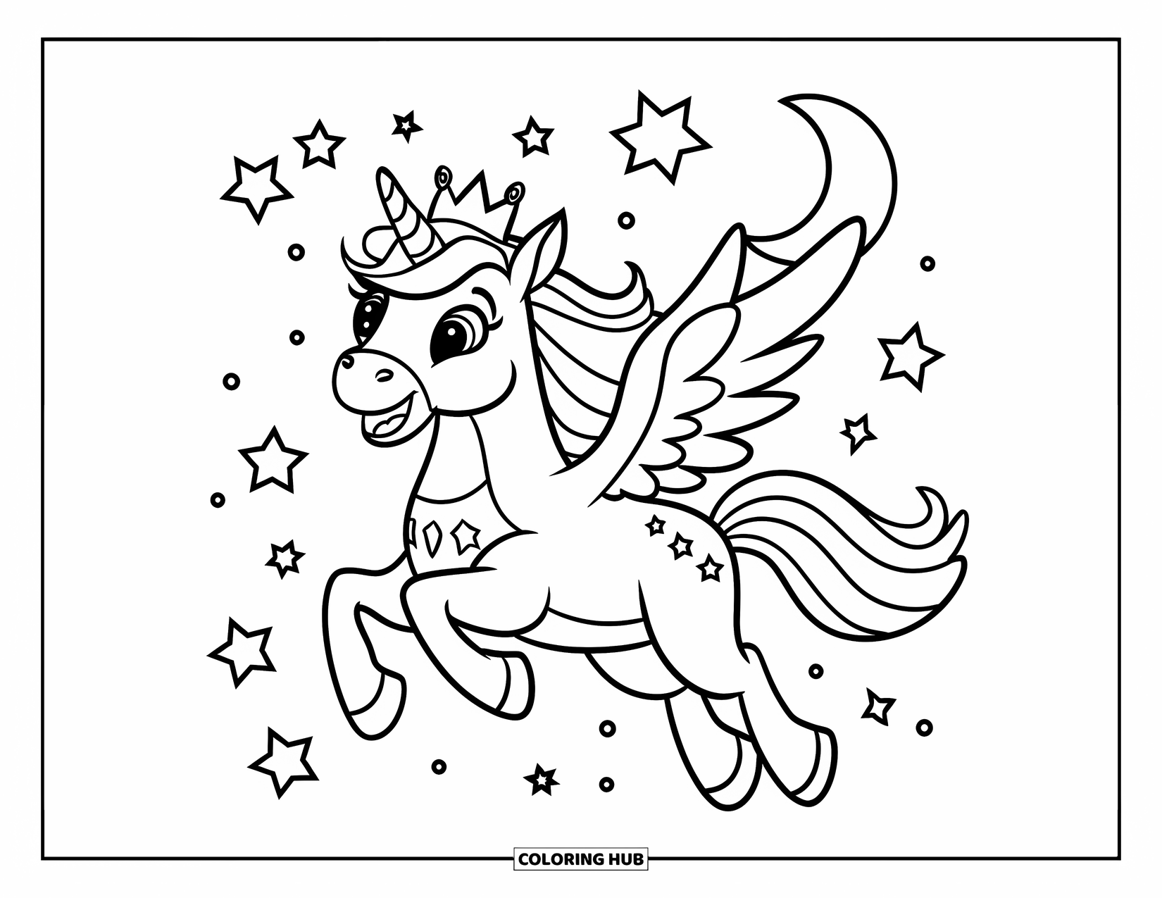 Flying Unicorn Coloring Page for Kids: Crowned unicorn happily flying with crescent moon and stars