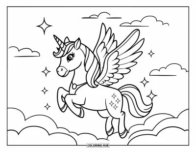 Coloriage de licorne volante pour enfants : Une licorne couronnée qui se pose délicatement sur un nuage moelleux avec des étincelles