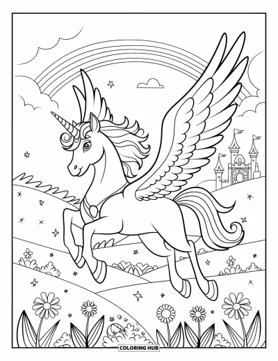 Coloriage de licorne volante pour enfants : Une licorne couronnée qui s'envole au-dessus d'un pré avec un arc-en-ciel et un château