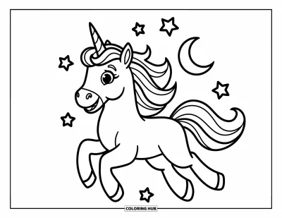 Coloriage de licorne volante pour enfants : Une joyeuse licorne qui vole avec des étoiles et un croissant de lune au-dessus d'elle
