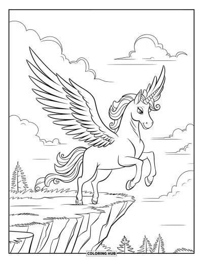 Coloriage de licorne volante pour enfants : Une majestueuse licorne ailée qui s'envole depuis le bord d'une falaise