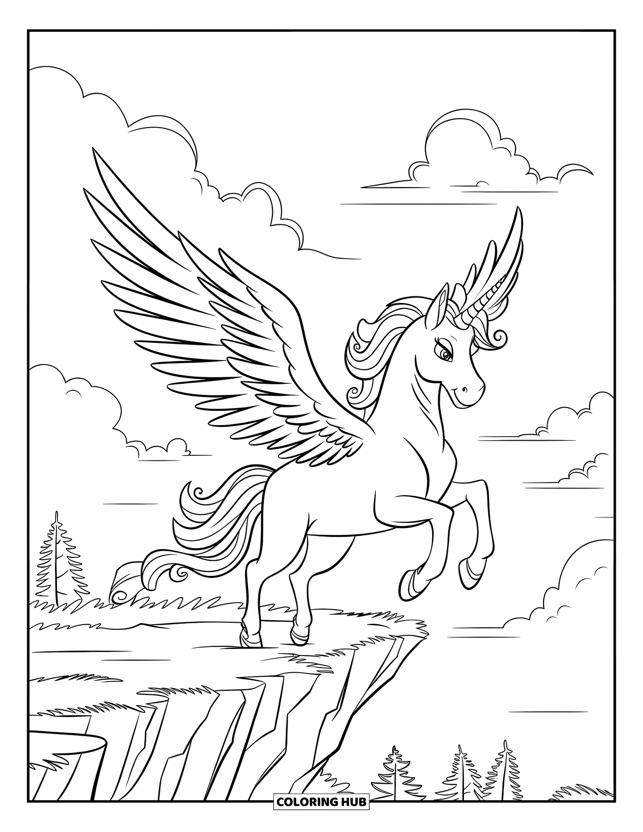 Flying Unicorn Coloring Page for Kids: Majestic unicorn with wings rising from a cliff