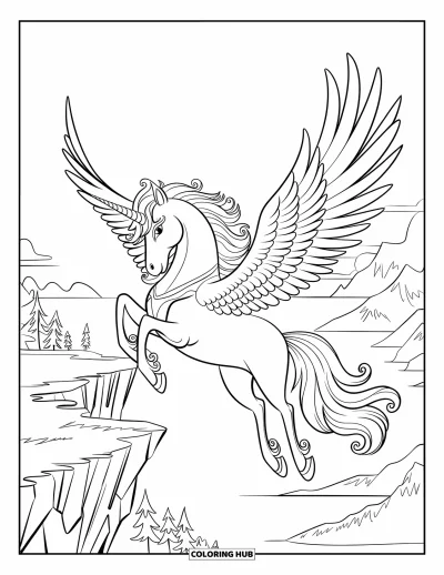 Coloriage de licorne volante pour enfants : Une licorne aux motifs ornés qui s'envole au-dessus d'une falaise et de l'eau