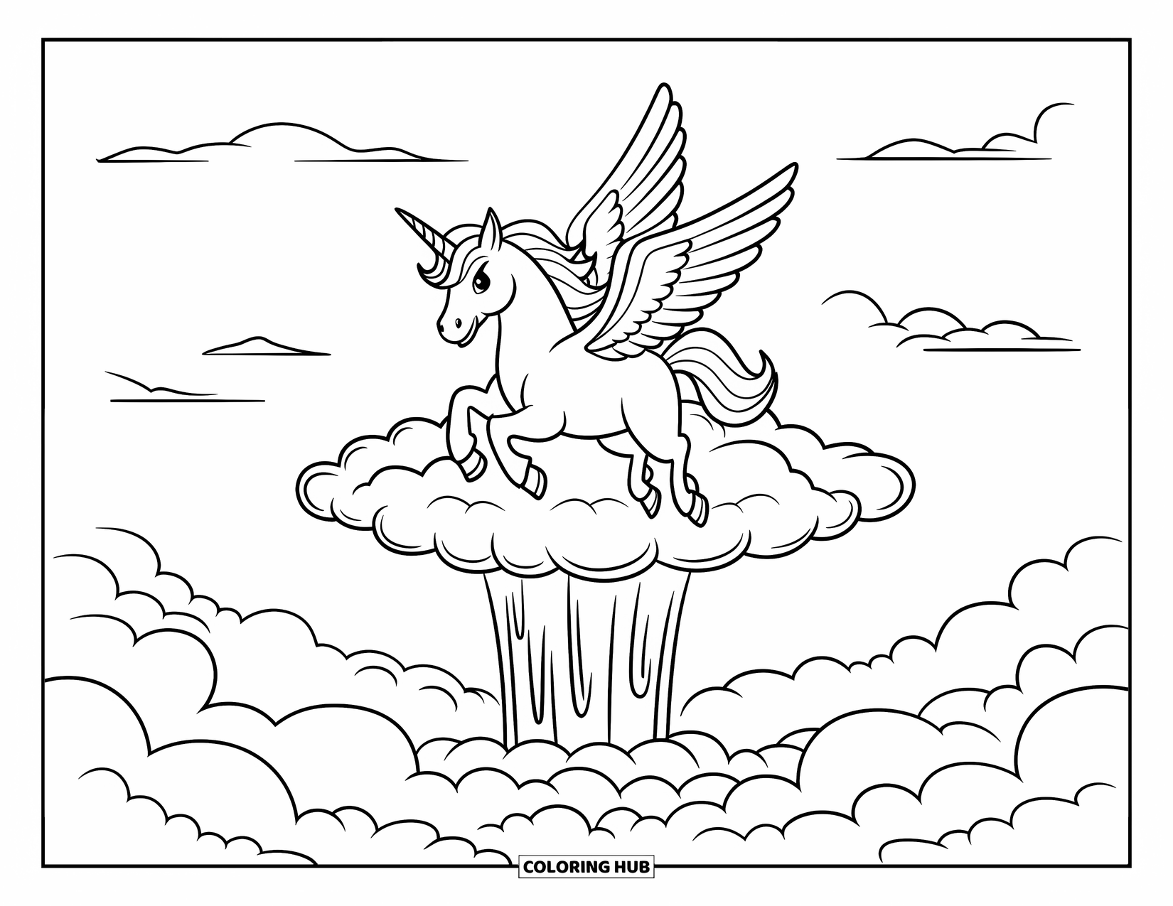 Flying Unicorn Coloring Page for Kids: Pink-maned unicorn flying over cloud waterfall