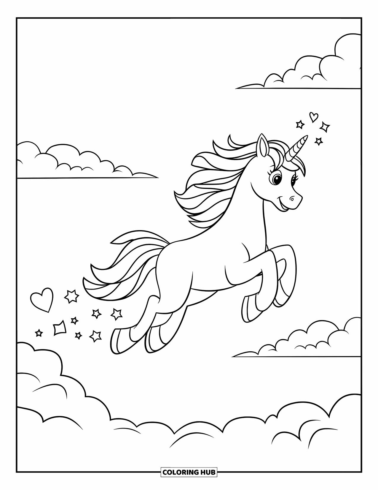 Flying Unicorn Coloring Page for Kids: Rainbow-maned unicorn dashing through sky with sparkles