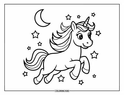 Coloriage de licorne volante pour enfants : Une licorne à la crinière arc-en-ciel qui vole sous un croissant de lune et des étoiles