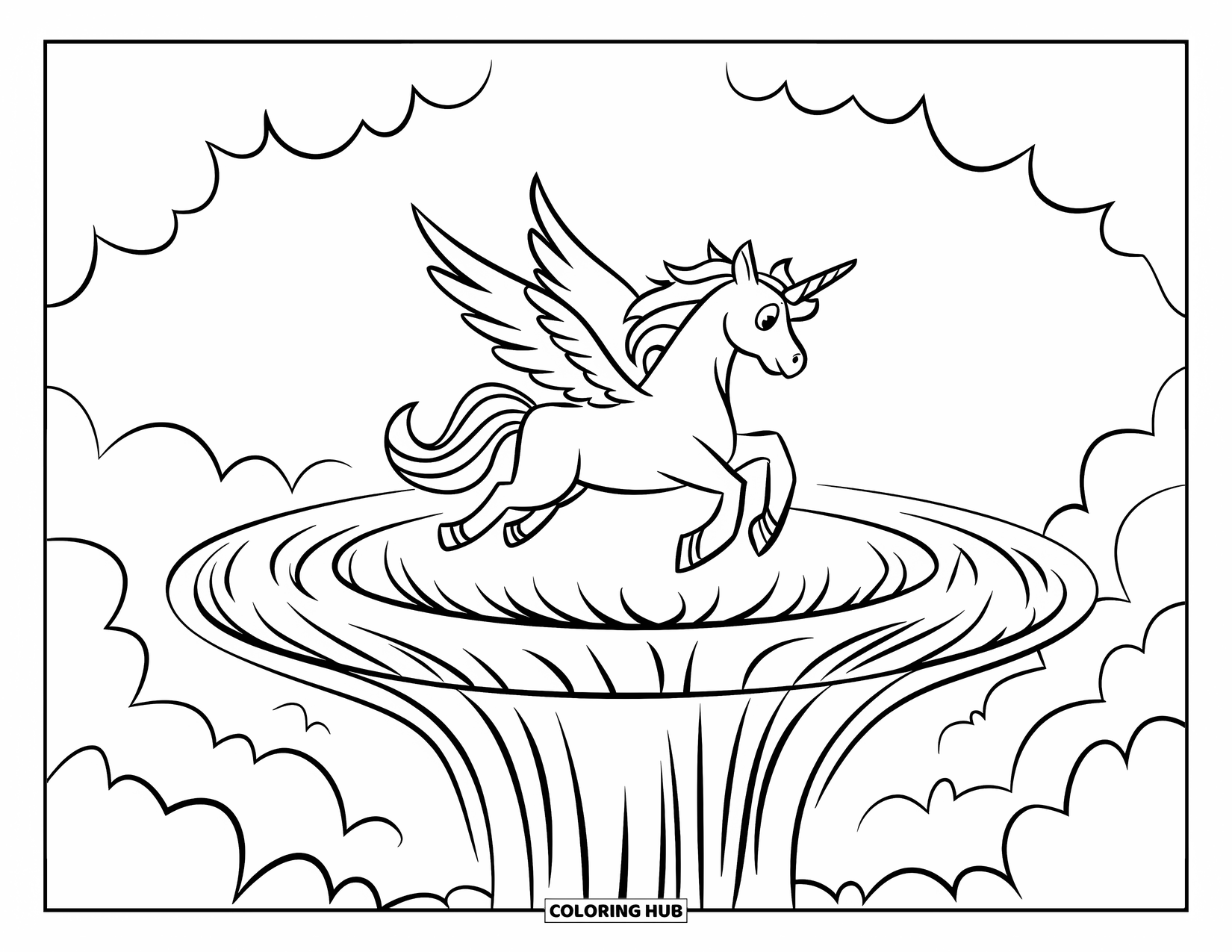 Flying Unicorn Coloring Page for Kids: Unicorn crowned and flying above a waterfall from clouds