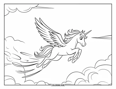 Coloriage de licorne volante pour enfants : Une licorne qui plonge depuis des nuages en laissant des traînées d'air tourbillonnantes
