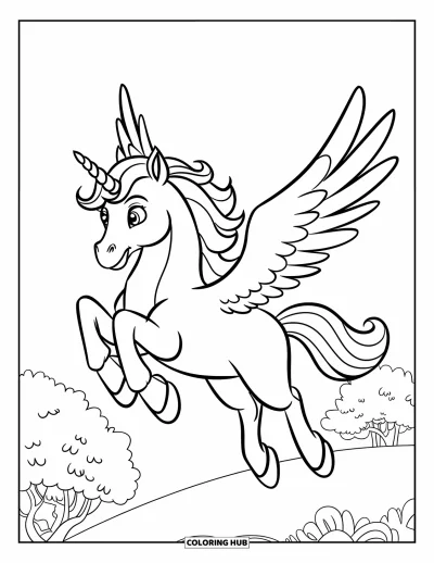 Coloriage de licorne volante pour enfants : Une licorne qui bat des ailes au-dessus d'une colline couverte d'arbres ronds