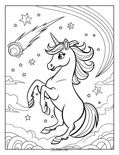 Coloriage de licorne volante pour enfants : Une licorne qui vole près d'une comète avec des étoiles et des îles flottantes