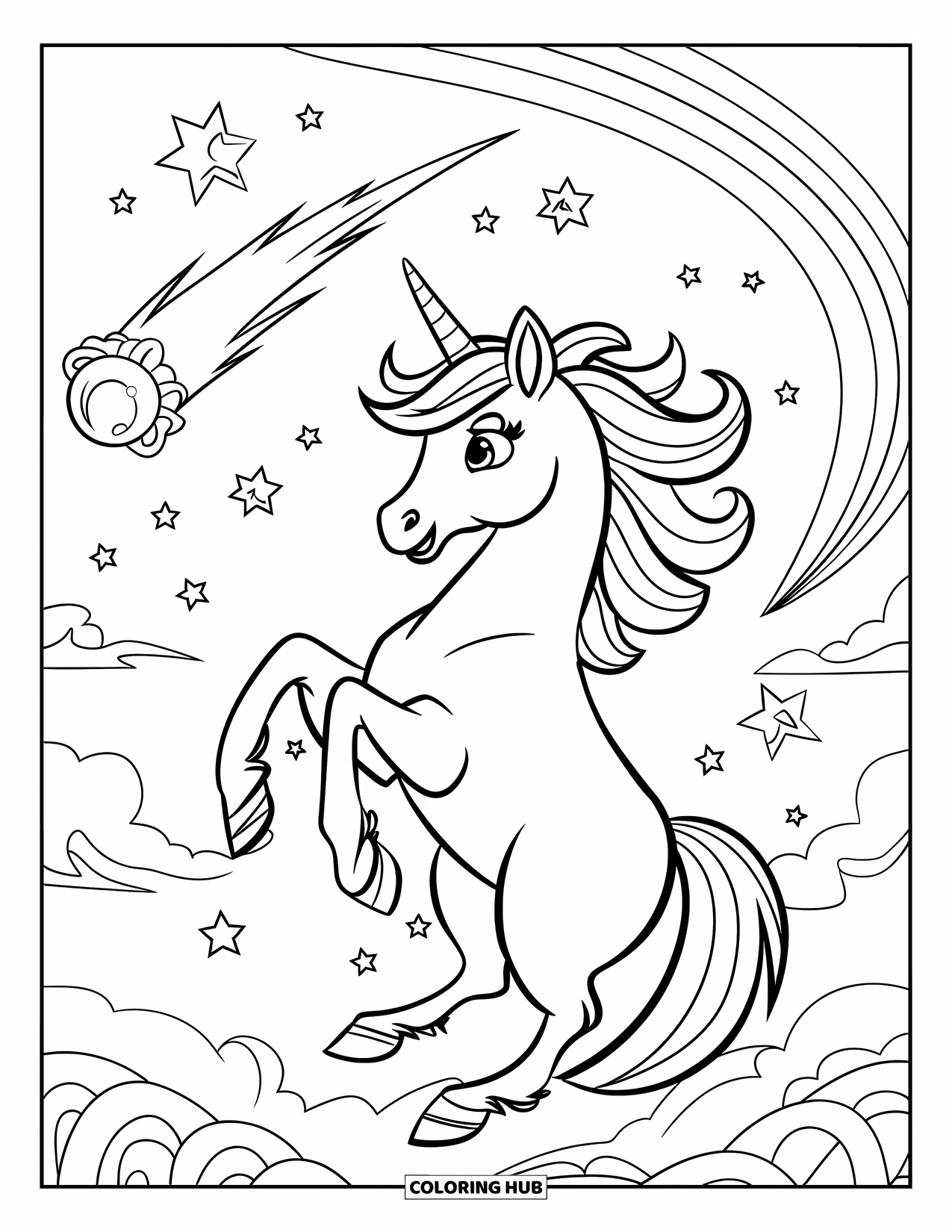 Flying Unicorn Coloring Page for Kids: Unicorn flying beside a comet with stars and floating islands