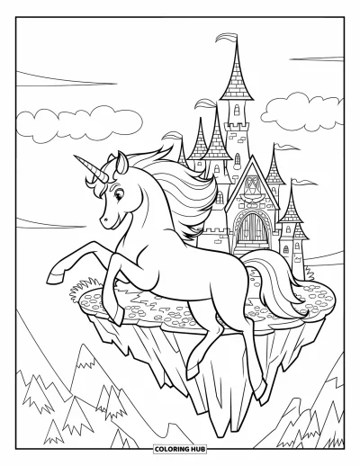 Coloriage de licorne volante pour enfants : Une licorne qui vole près d'un château perché sur un rocher flottant