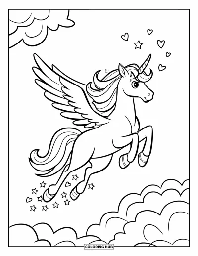 Coloriage de licorne volante pour enfants : Une licorne volant avec une crinière arc-en-ciel et laissant derrière elle des étoiles et des cœurs