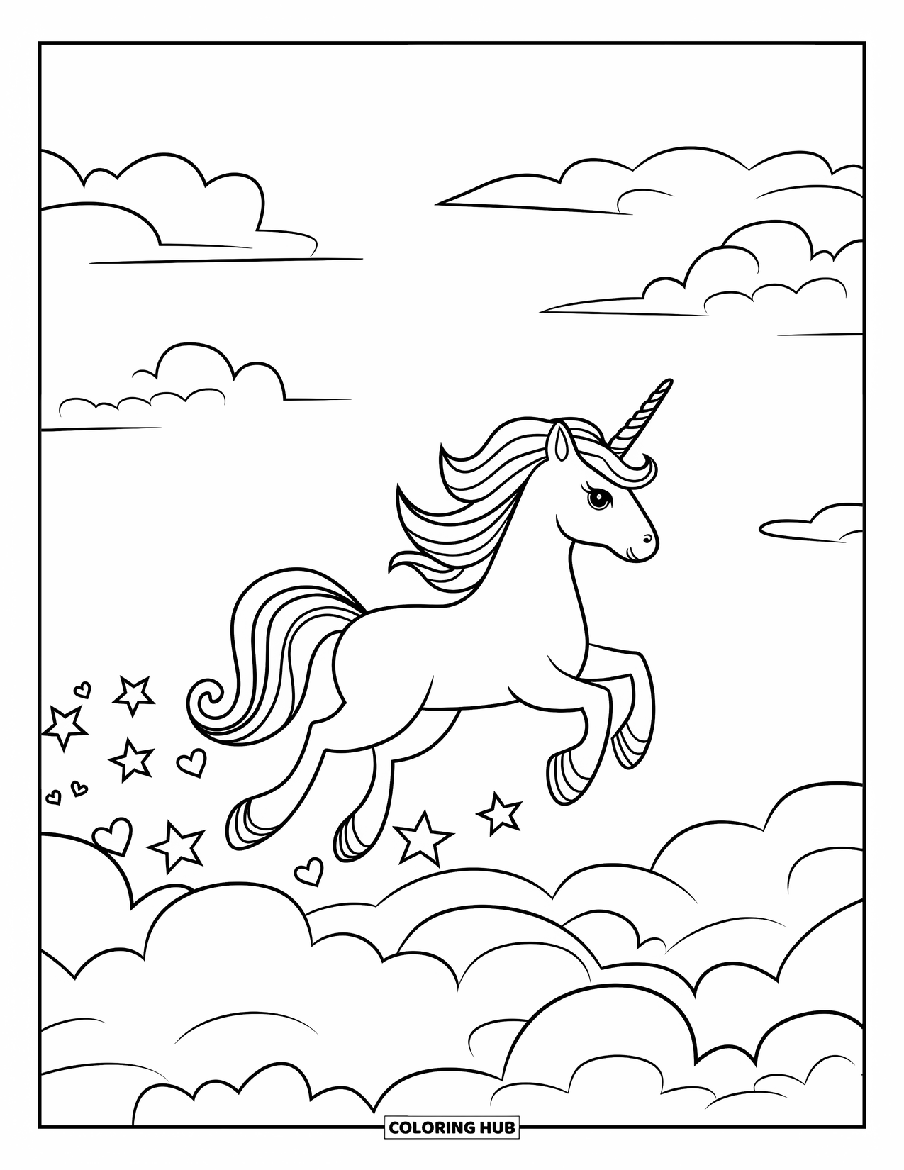 Flying Unicorn Coloring Page for Kids: Unicorn galloping on clouds leaving a trail of stars