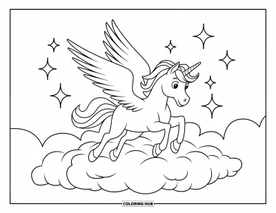 Coloriage de licorne volante pour enfants : Une licorne qui atterrit sur un nuage avec des étincelles dans un ciel dégagé