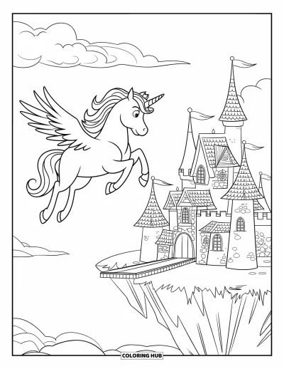 Coloriage de licorne volante pour enfants : Une licorne en plein vol près d'un château à tourelles sur un rocher flottant