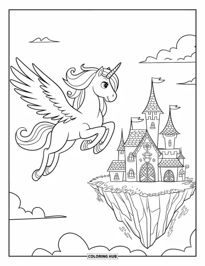 Coloriage de licorne volante pour enfants : Une licorne qui vole près d'un château sur un rocher flottant entouré de nuages