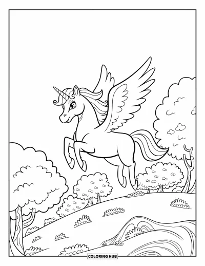 Coloriage de licorne volante pour enfants : Une licorne qui s'élance avec des ailes au-dessus d'une colline arborée et de nuages duveteux