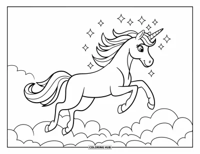 Coloriage de licorne volante pour enfants : Une licorne entourée d'étincelles qui se pose doucement sur un nuage