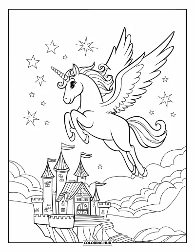 Coloriage de licorne volante pour enfants : Une licorne entourée d'étincelles qui s'élance au-dessus d'un château flottant
