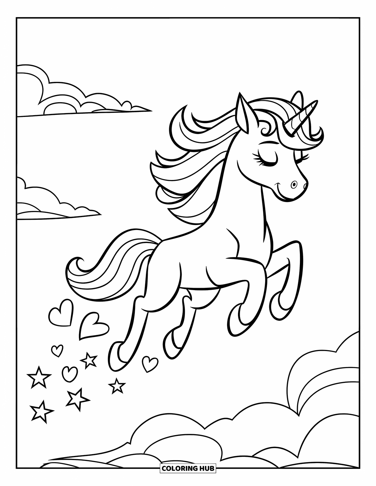 Flying Unicorn Coloring Page for Kids: Unicorn with closed eyes dashing and leaving hearts and stars