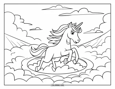 Coloriage de licorne volante pour enfants : Une licorne couronnée qui s'envole depuis un portail de nuages près de montagnes