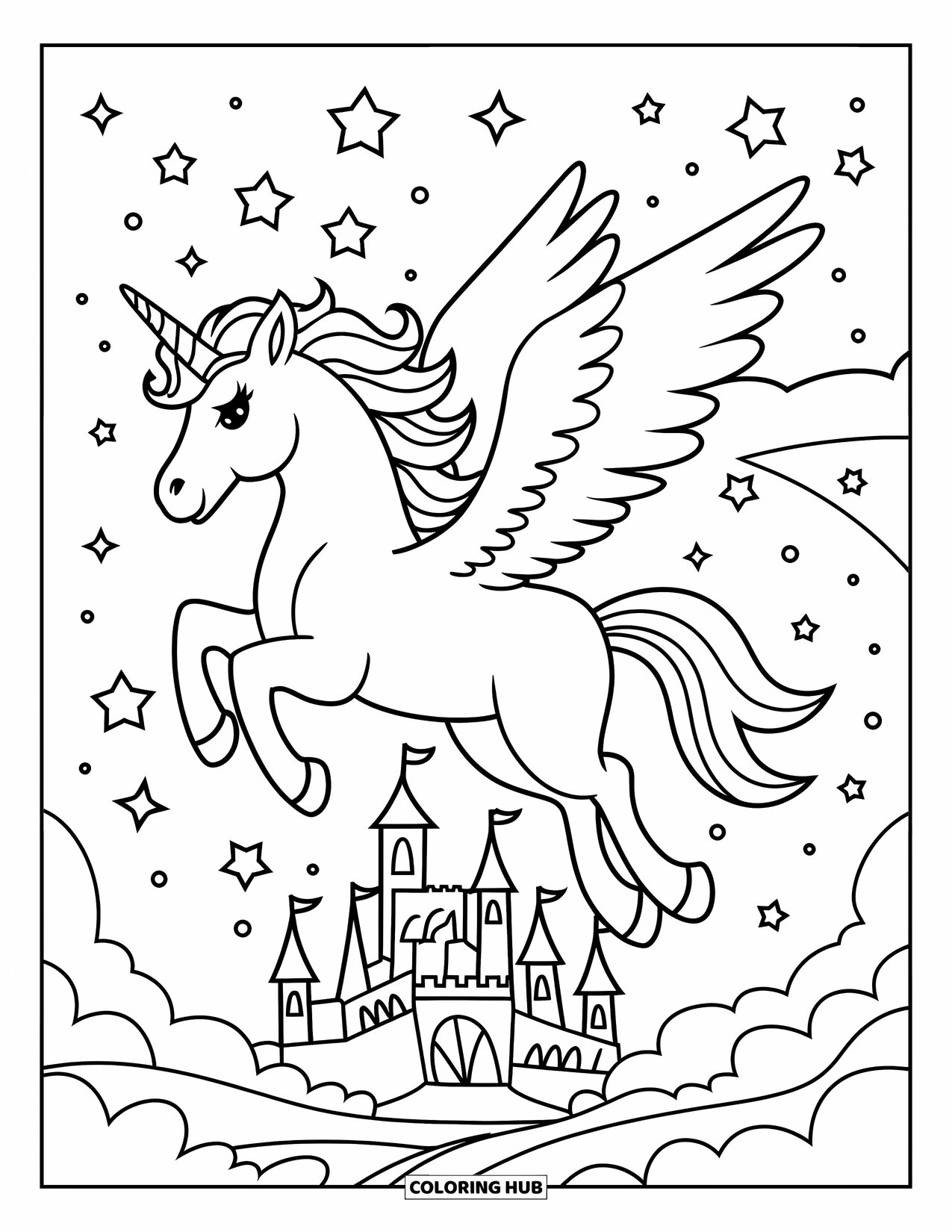 Flying Unicorn Coloring Page for Kids: Unicorn with golden horn soaring above magical floating castle