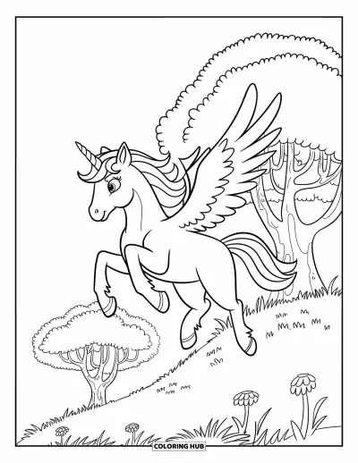 Coloriage de licorne volante pour enfants : Une licorne qui bat des ailes au-dessus d'une colline verdoyante et d'arbres ronds et duveteux