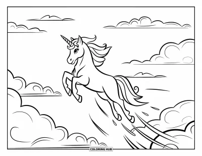 Coloriage de licorne volante pour enfants : Une licorne à l'aura magique qui plonge depuis un nuage en laissant des traînées lumineuses