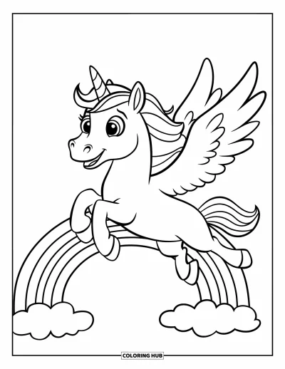 Coloriage de licorne volante pour enfants : Une licorne à la crinière rose qui vole au-dessus d'un arc-en-ciel et de nuages