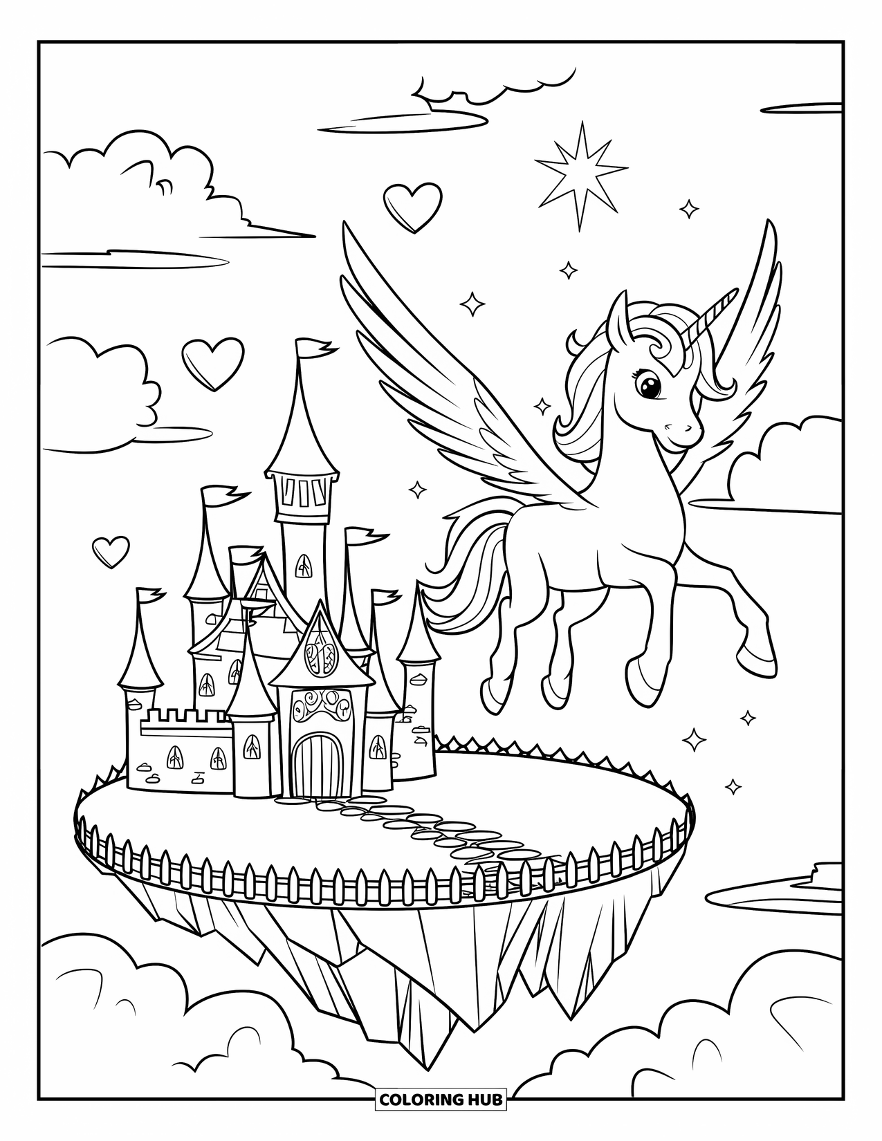 Flying Unicorn Coloring Page for Kids: Unicorn with rainbow mane flying near floating castle and sparkles