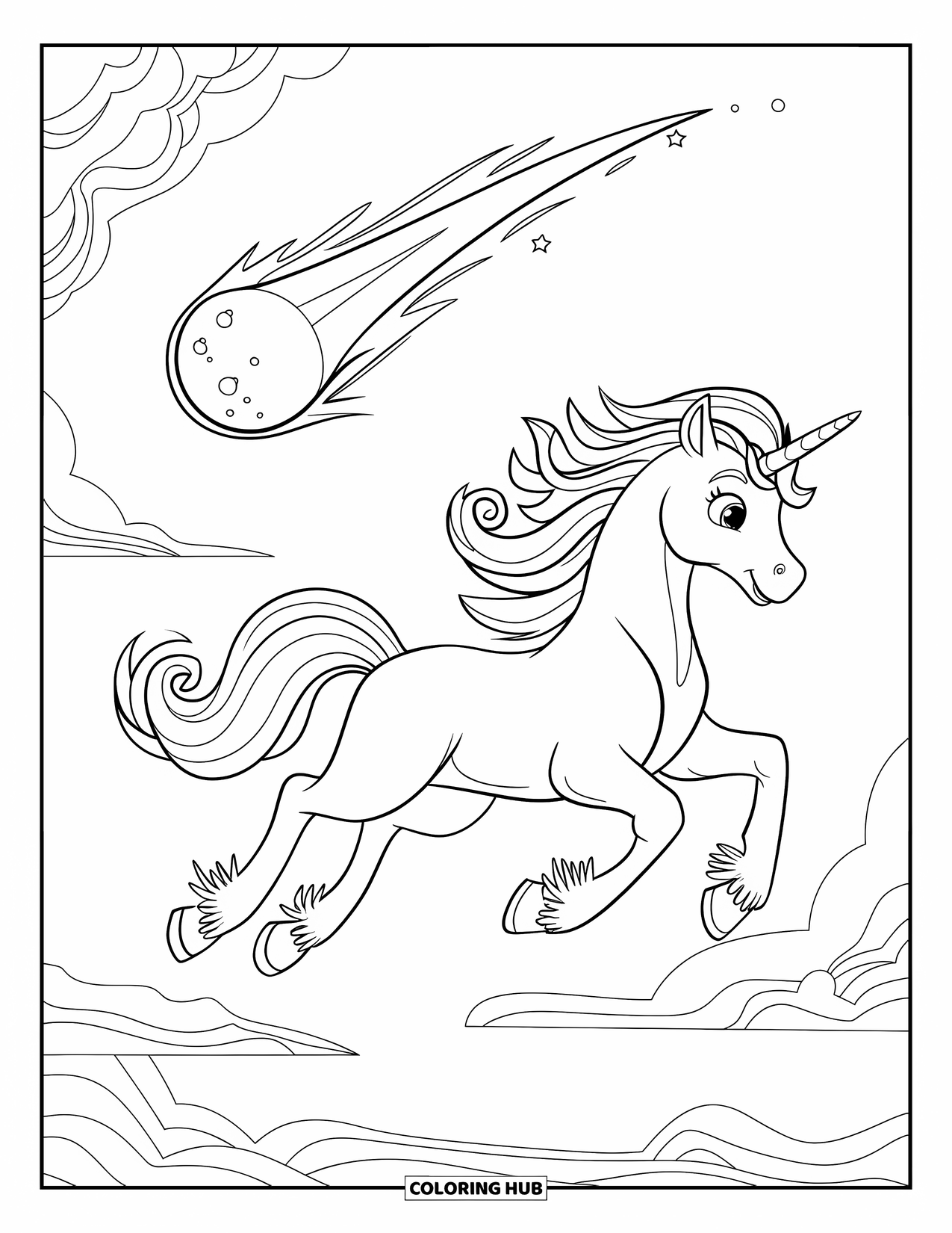 Flying Unicorn Coloring Page for Kids: Unicorn with spiral tail flying beside sparkling comet