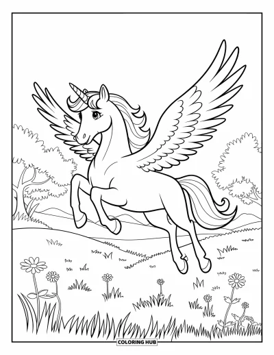 Coloriage de licorne volante pour enfants : Une licorne ailée au-dessus d'un pré rempli d'herbe et de fleurs